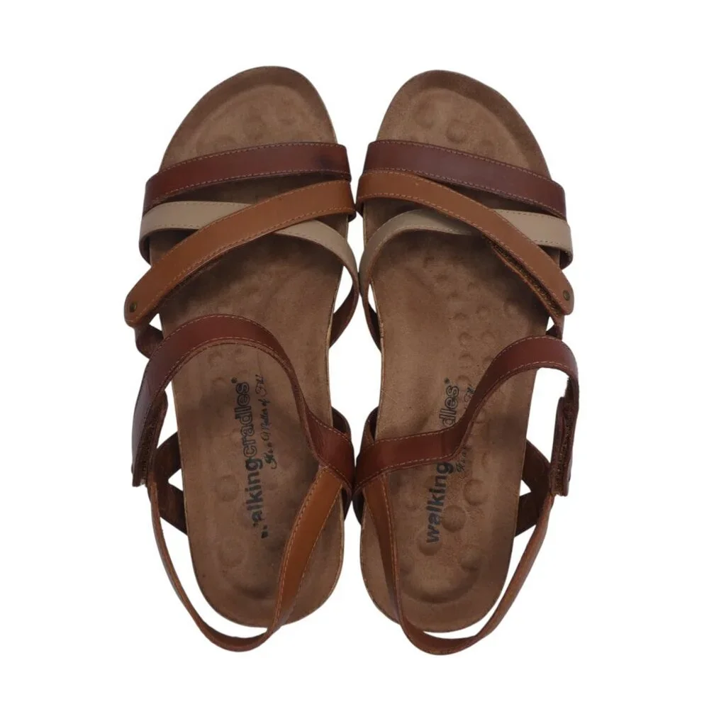 Walking Cradles Karen Brown Leather Open Toe Strappy Wedge Heel Sandals Womens 7